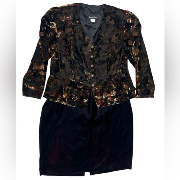Vintage Dresses & Skirts - 80’s 90’s Vintage David Rose Velvet Floral Blazer & Skirt Set Approx. Size 18 20